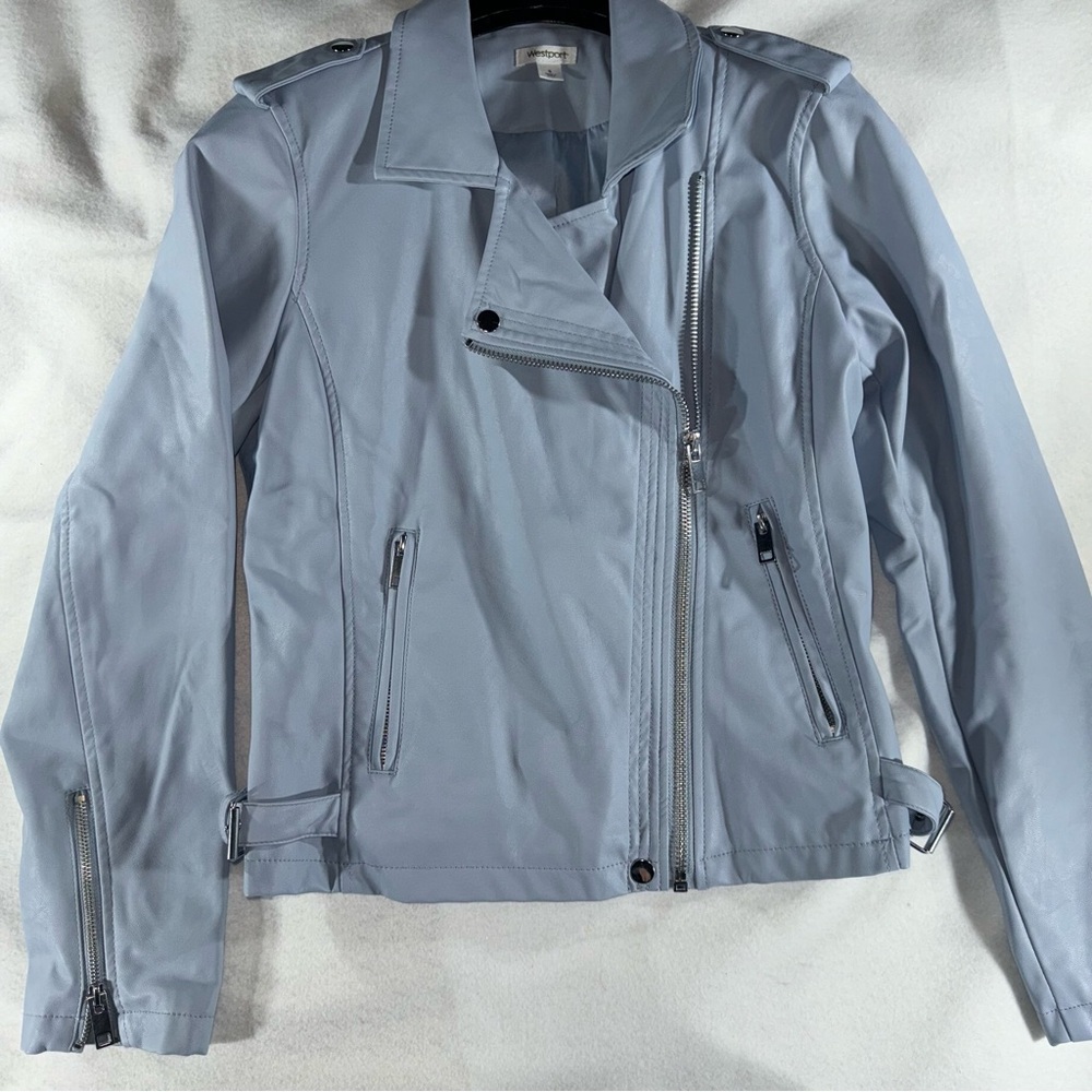 Women's Light Blue Biker Jacket faux leather bridal spring streetwear chic